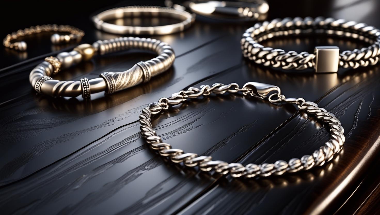 A close-up of various luxury silver bracelets, including chain, beaded, and textured designs, displayed elegantly on a dark wooden surface.