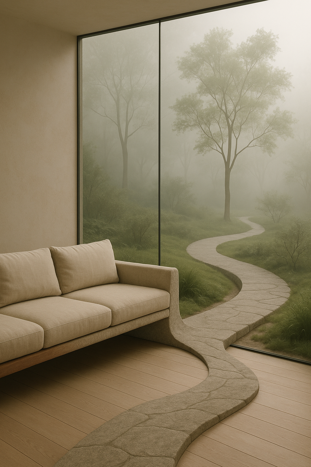 A couch and a path through a window AI-generated content may be incorrect