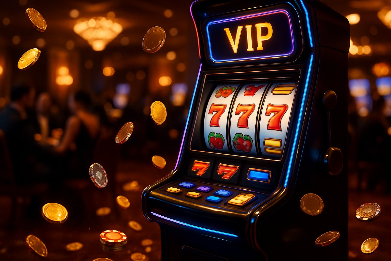 A luxurious casino slot machine area with glowing slot machines, gold coins, and casino chips, with people enjoying the game in the background.