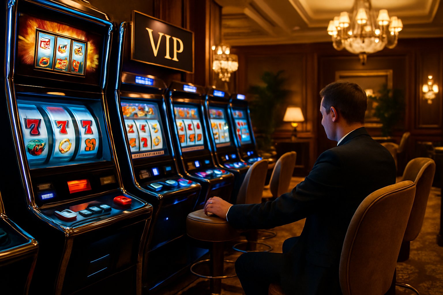A person playing a slot machine in a luxurious casino VIP area with elegant decor and warm lighting.