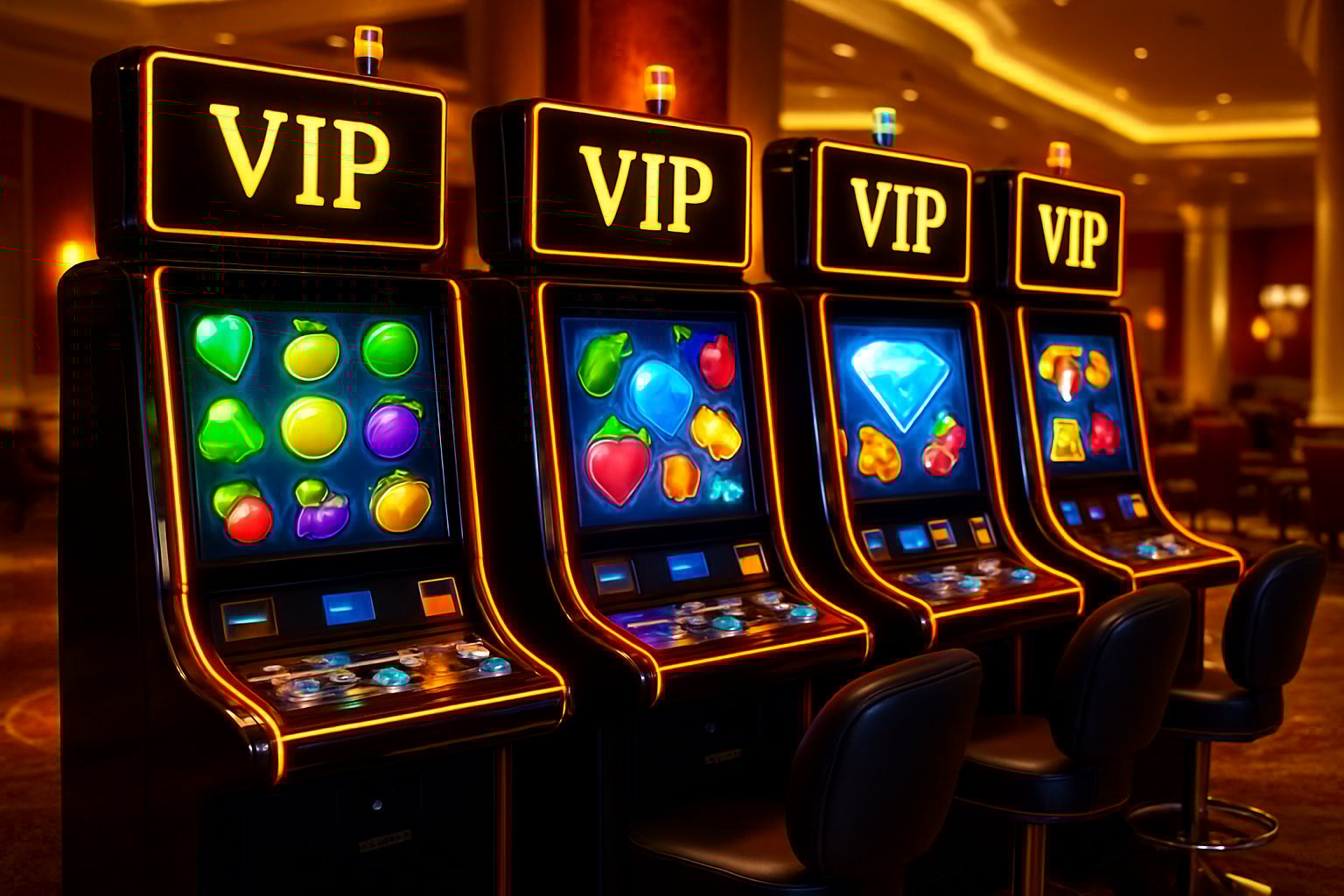 A row of modern slot machines with colorful screens and glowing lights inside an elegant casino interior.