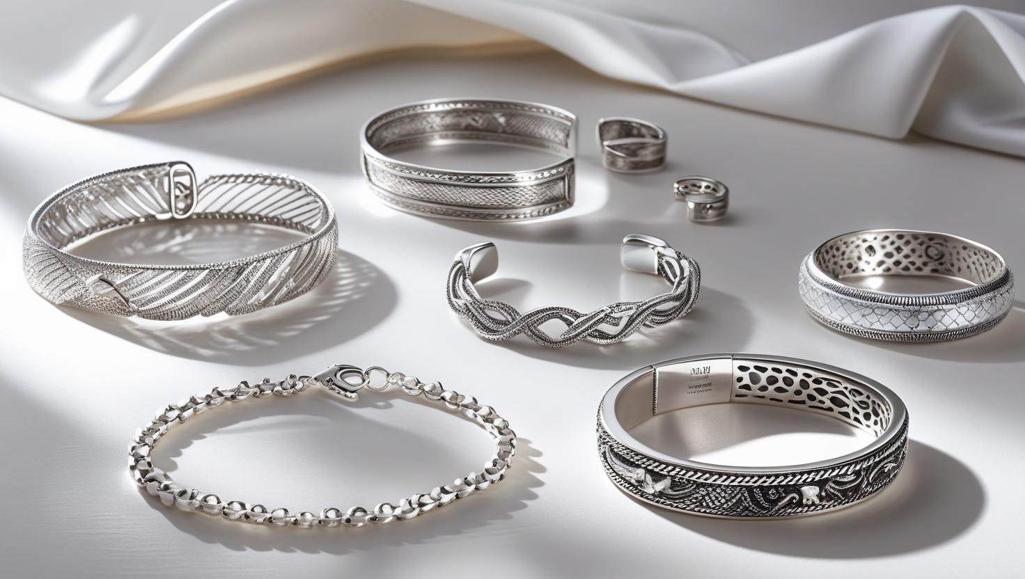 An assortment of intricately crafted luxury silver bracelets, including cuff, bangle, and link styles, arranged on a bright surface with soft fabric in the background.
