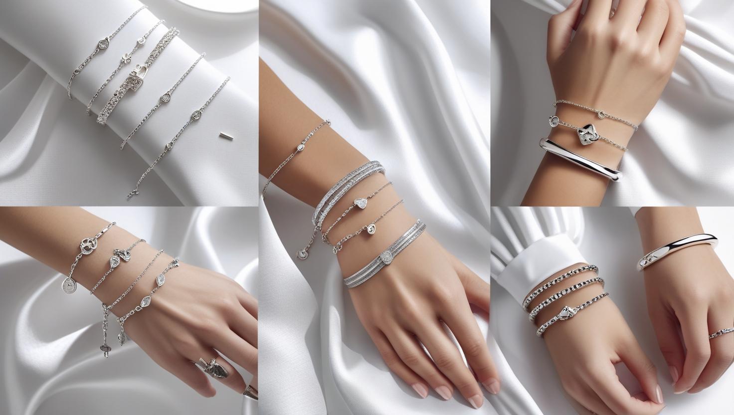 Multiple styles of delicate sterling silver bracelets worn on women’s wrists, featuring charm, chain, and bangle designs, showcased on white satin fabric.