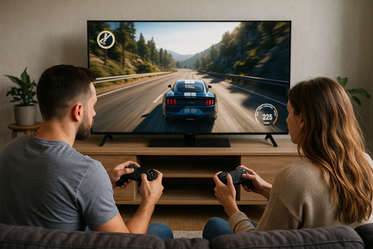 Two people gaming on a Smart TV with controllers