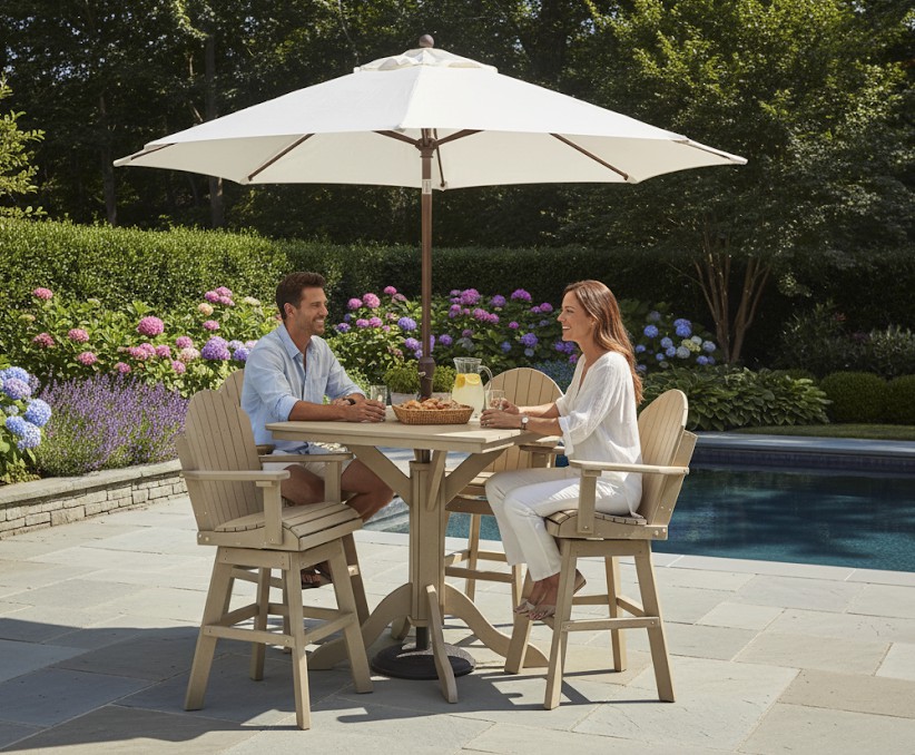 A couple enjoying a meal and drinks at a stylish beige tall patio table and chairs set with an umbrella by a sparkling pool, surrounded by a lush garden.