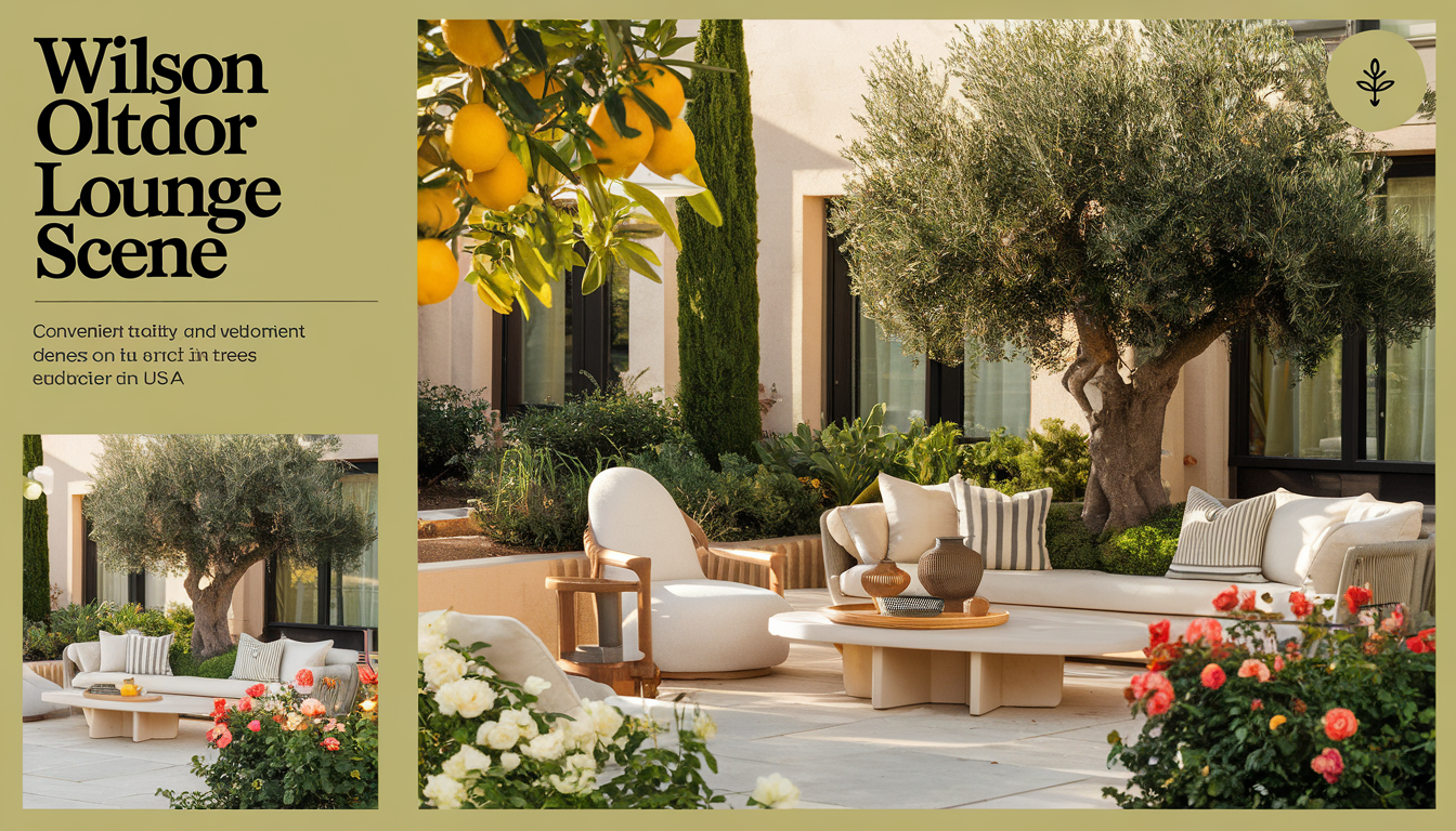 A serene outdoor lounge with chic patio furniture and Wilson Olive Trees, surrounded by lush greenery and bathed in warm sunlight.