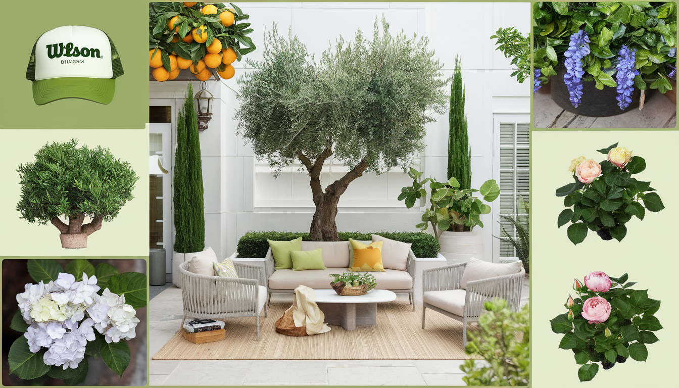 Chic outdoor lounge with a Wilson Olive Tree, lush greenery, and stylish patio furniture.