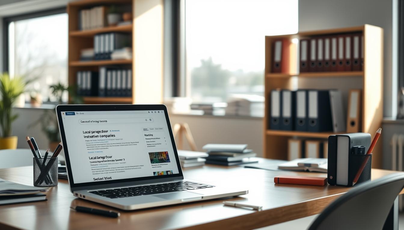 A bright, well-lit office scene with a desk, computer, and various office supplies. On the desk, there is a laptop displaying search results for &amp;quot;local garage door installation companies&amp;quot;. The background features shelves with reference books and folders, conveying a sense of research and information gathering. The lighting is natural, streaming in through large windows, creating a warm and professional atmosphere. The overall composition emphasizes the process of researching and evaluating local garage door installation options, reflecting the subject of the article section.