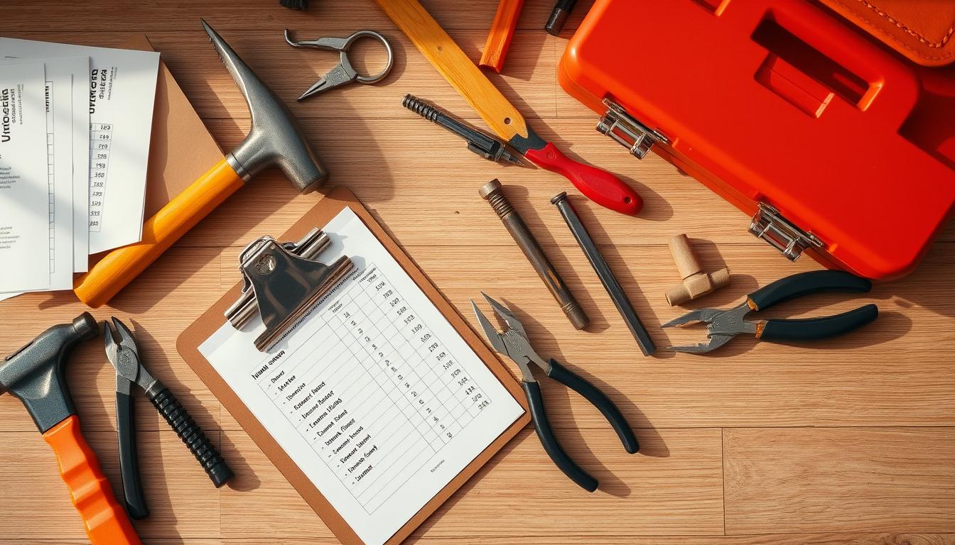 A neatly organized workspace with various handyman tools and equipment, including a toolbox, hammer, screwdrivers, pliers, and a clipboard with pricing charts. The lighting is warm and natural, casting soft shadows and highlighting the textures of the materials. The composition is balanced, with the tools arranged in a visually appealing manner, suggesting the attention to detail and professionalism of a licensed and insured handyman. The background features a subtle pattern or texture, such as a wooden surface or tiled floor, adding depth and context to the scene.