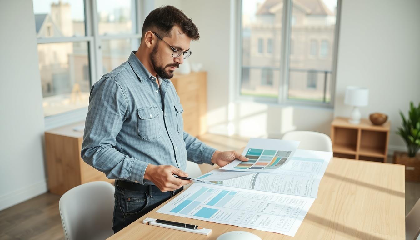 A residential general contractor standing in a well-lit office, reviewing painting estimates laid out on a desk. The contractor has a thoughtful expression, carefully examining material samples and cost breakdowns. The room is modern, with clean lines and a neutral color palette, allowing the focus to remain on the contractor's task. Soft natural light filters through large windows, creating a warm and professional atmosphere. The prompt aims to capture the expertise and decision-making process of a home building contractor navigating painting prices for a client.