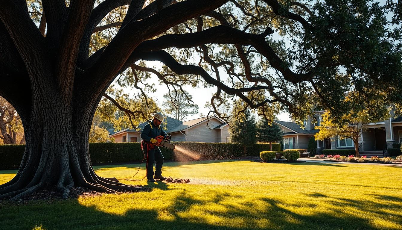 A serene outdoor setting with a mature oak tree in the foreground, its branches casting soft shadows across the lush grass. In the middle ground, a professional arborist in safety gear carefully operates a chainsaw, carrying out a precision tree felling with a thoughtful, methodical approach. In the background, a well-manicured residential landscape, showcasing the transformation that comprehensive tree removal solutions can bring to outdoor living spaces. The scene is bathed in warm, golden afternoon light, conveying a sense of professionalism and care for the environment.