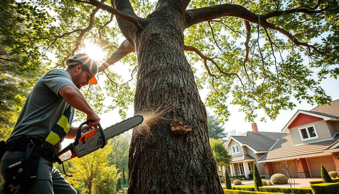 A skilled tree removal specialist meticulously navigating the intricate task of felling a dangerous tree in Centurion's lush, suburban landscape. The foreground captures the worker's intense focus, wielding a chainsaw with precision as sunlight filters through the canopy above. The middle ground reveals the towering, gnarled trunk posing a potential threat, while the background showcases the neatly manicured properties surrounding the scene, hinting at the transformative benefits of this delicate operation. The image conveys a sense of controlled power and professionalism, set against the tranquil, verdant backdrop of Centurion's charming residential area.