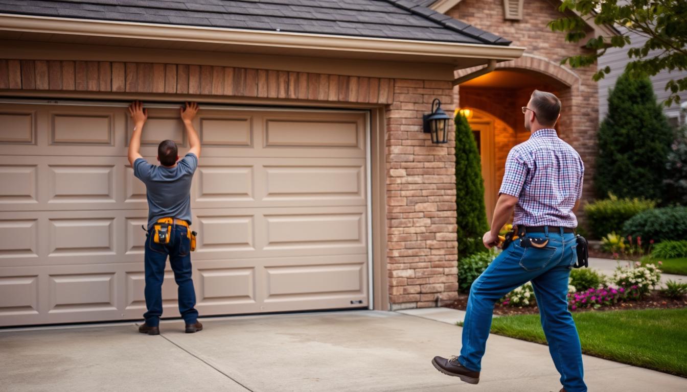 A team of professional garage door installers transforming a home's curb appeal. In the foreground, two skilled workers carefully install a modern, stylish garage door, meticulously aligning it for a seamless fit. The middle ground showcases the transformation, with the new door complementing the home's architectural features and enhancing its overall aesthetic. In the background, the well-manicured lawn and vibrant landscaping create a picturesque suburban setting. Soft, warm lighting casts a gentle glow, highlighting the installers' expertise and the homeowner's pride in their updated entryway. The scene conveys the value of professional garage door installation in elevating a home's curb appeal and making a lasting, positive impression.