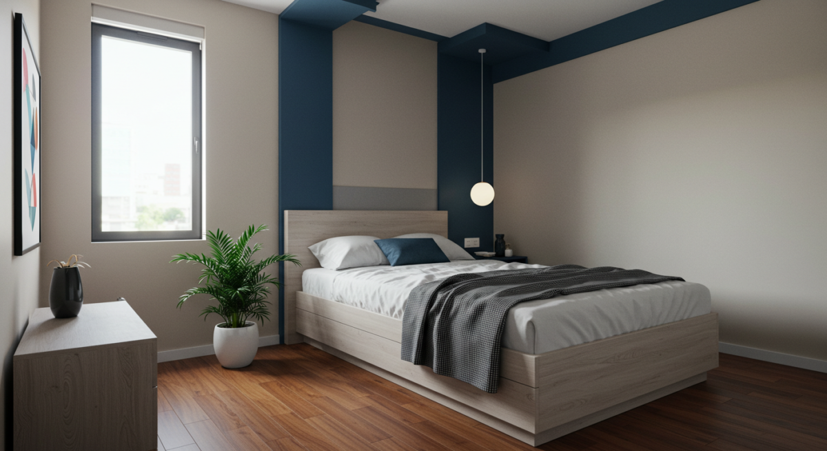 A bedroom with a bed and a plant

AI-generated content may be incorrect.