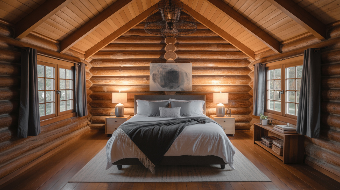 bedroom with vaulted log ceiling