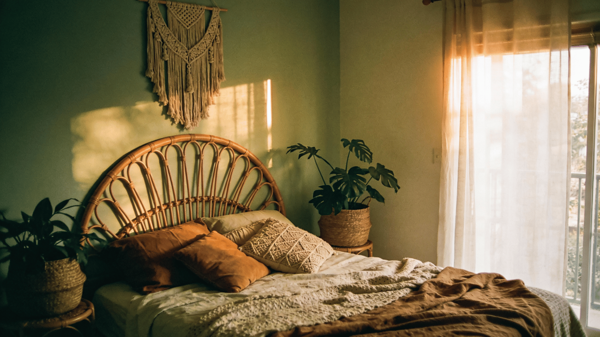 boho sage green bedroom with rattan accents