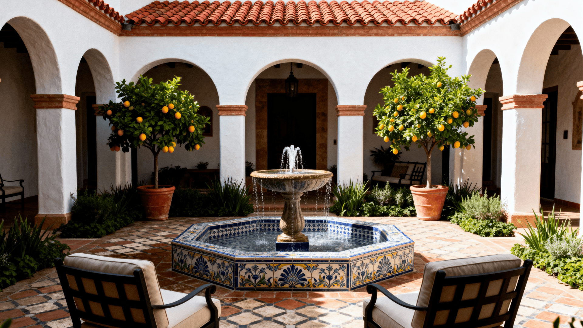 courtyards with tile fountains as the centerpiece