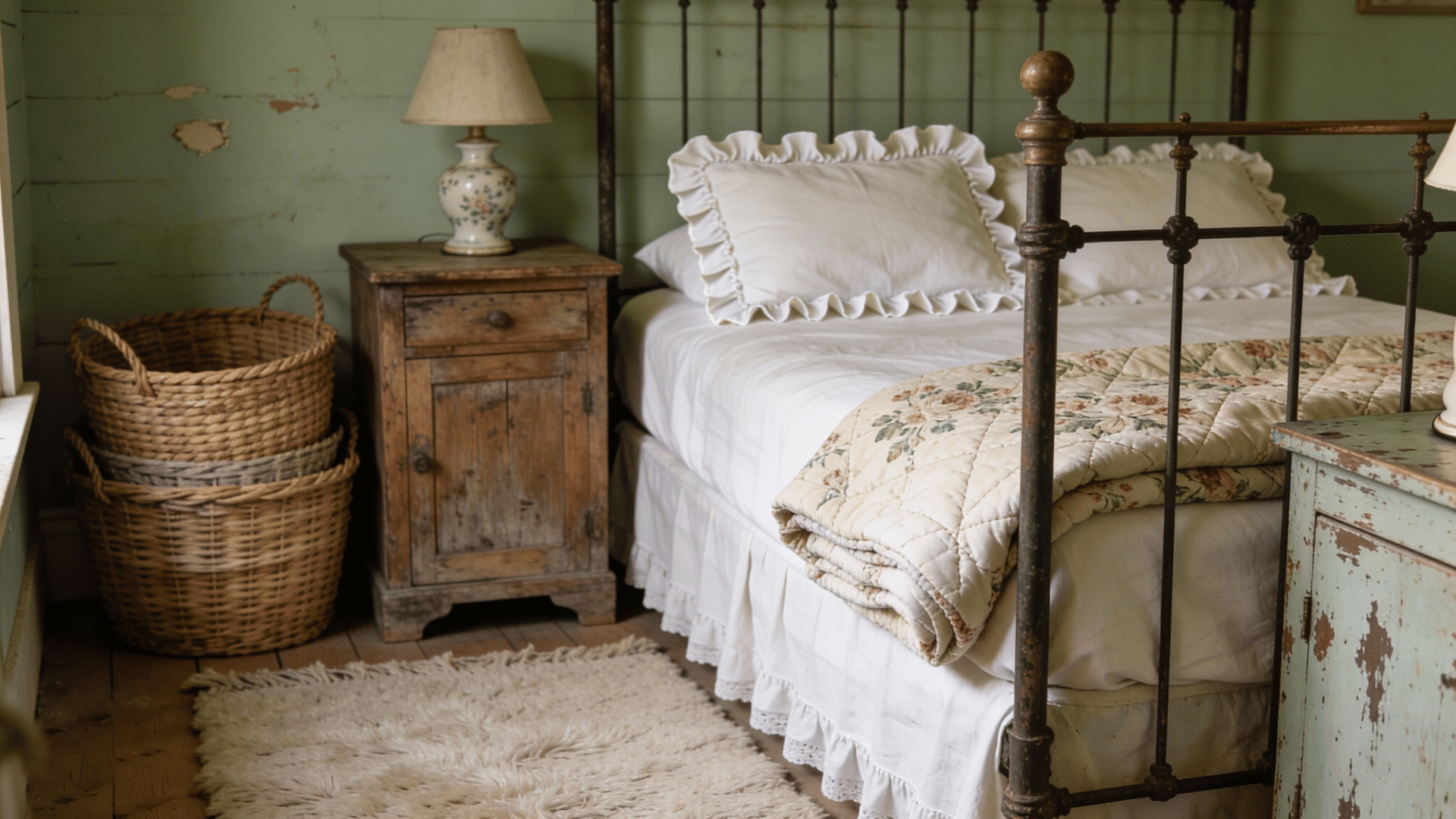 farmhouse sage green bedroom with rustic touch