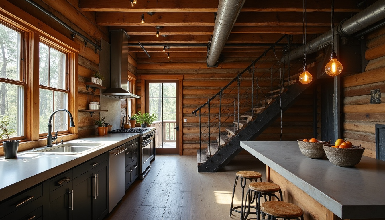 industrial accent log cabin interior
