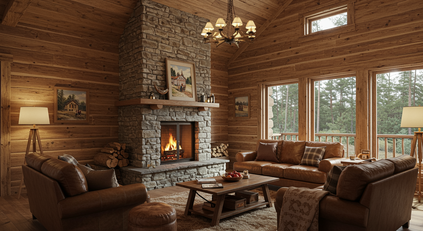 living room with central stone fireplace