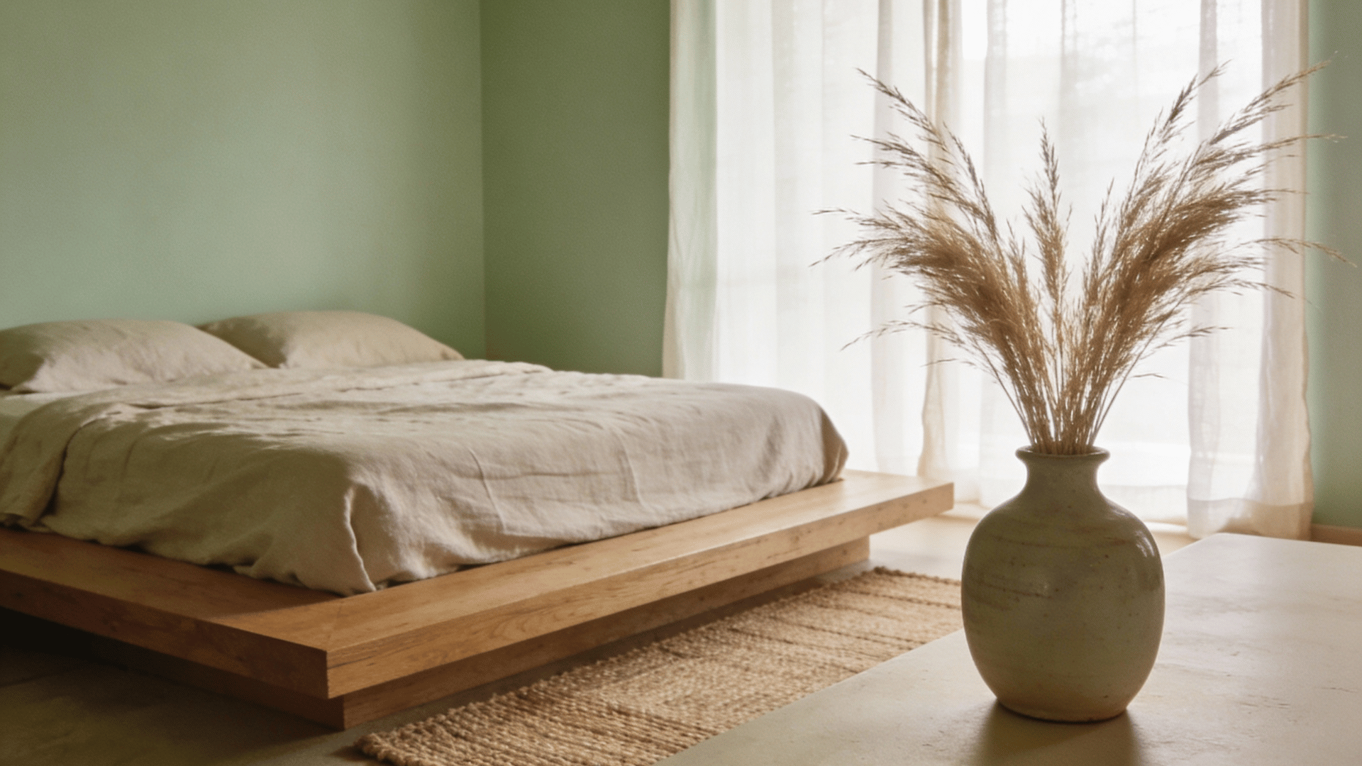 minimalist sage green bedroom with clean lines