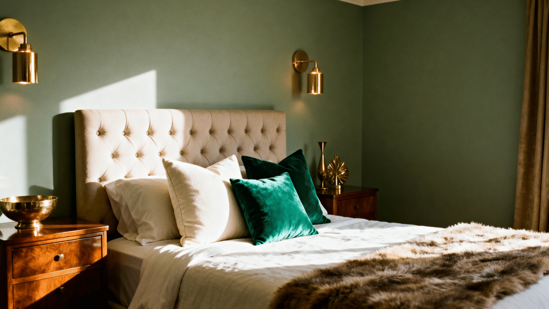 sage green bedroom with brass or gold lighting