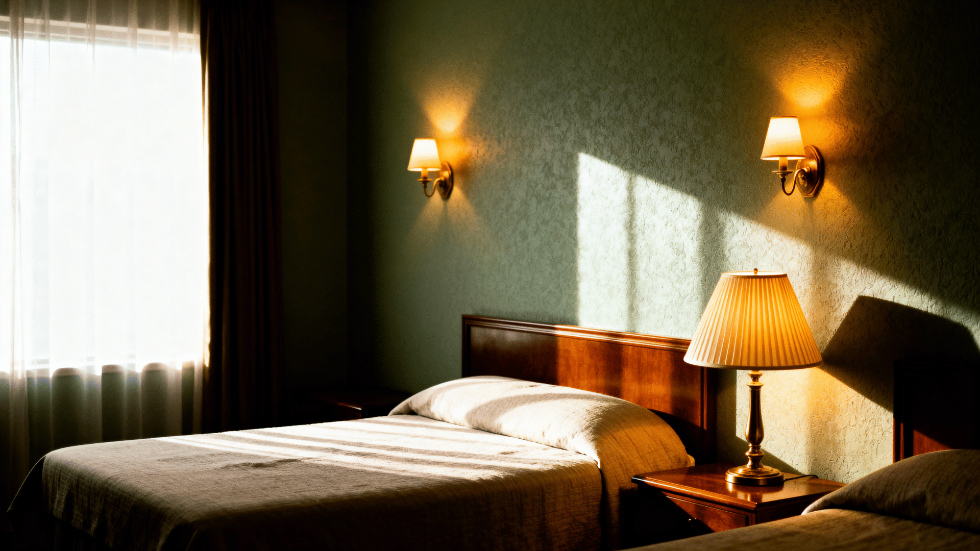 sage green bedroom with soft ambient lighting