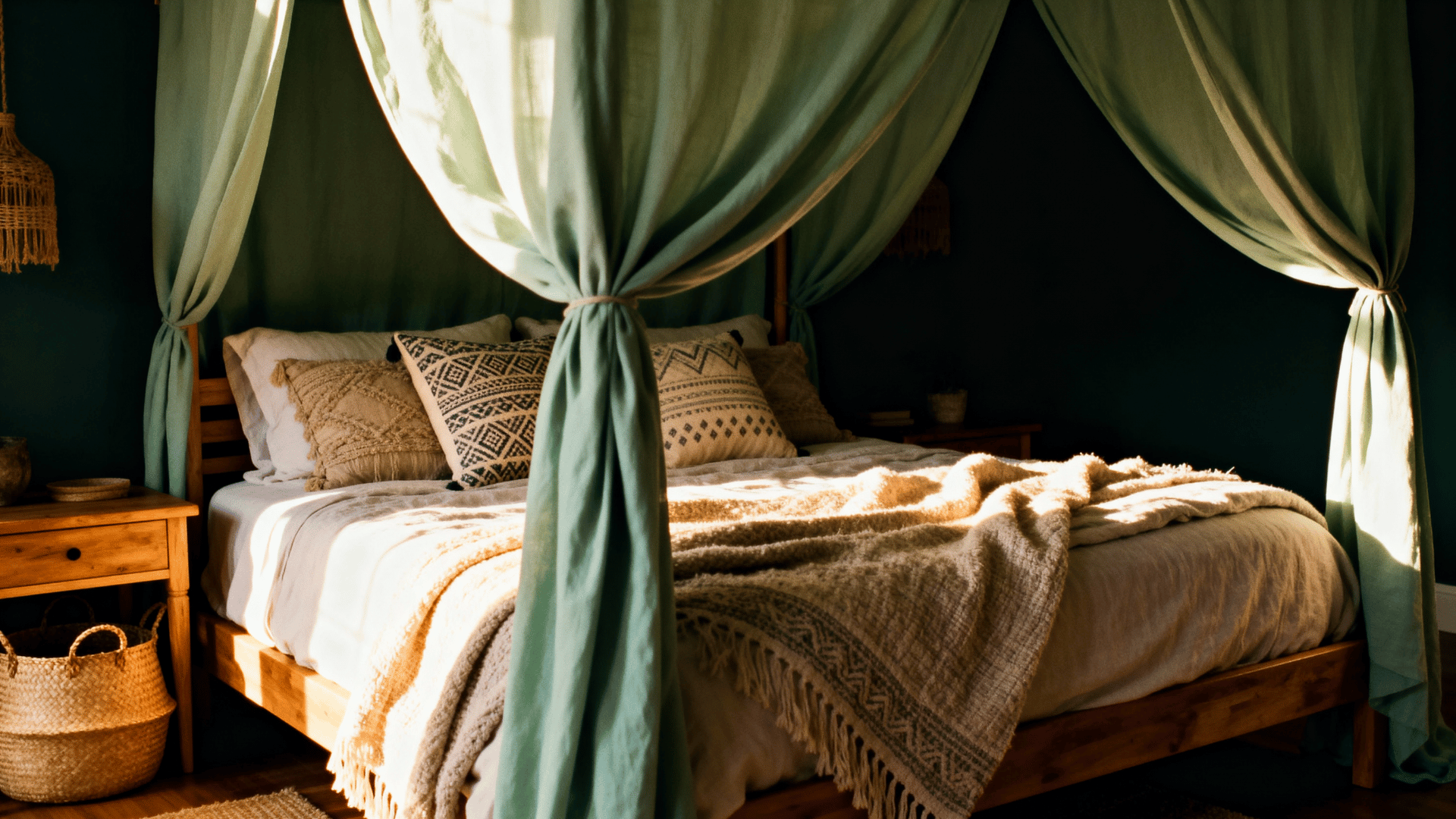sage green canopy or fabric bed styling
