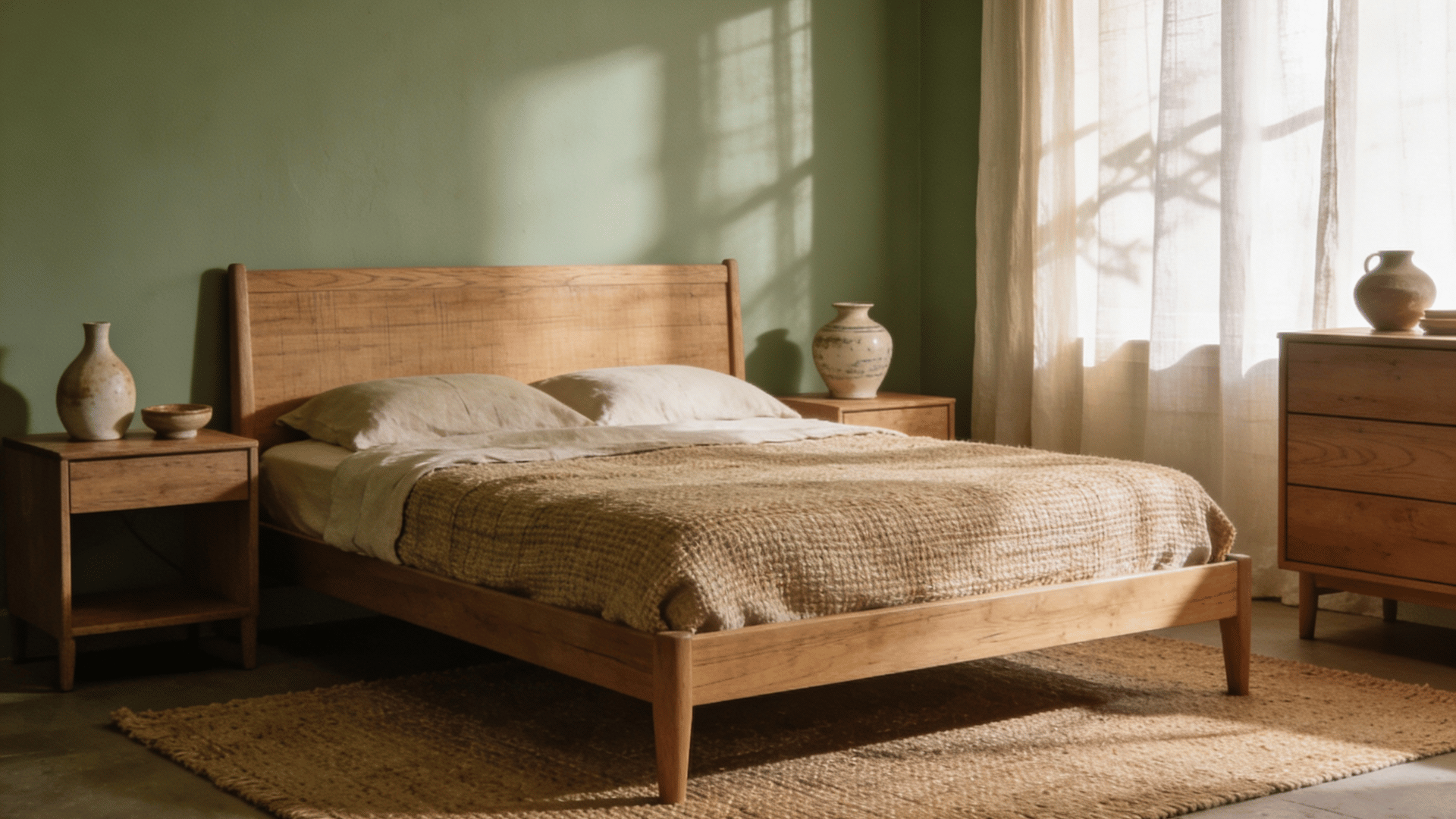 sage green paired with natural wood furniture