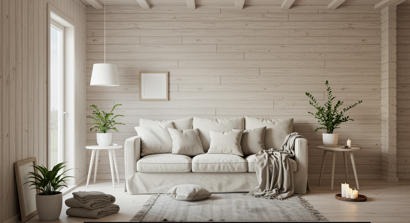 scandinavian light wood log cabin interior