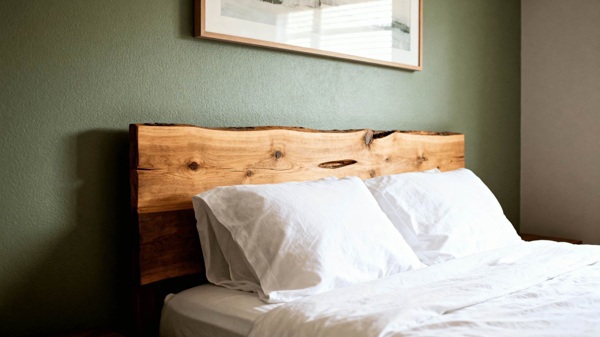 soft sage green accent wall behind the bed