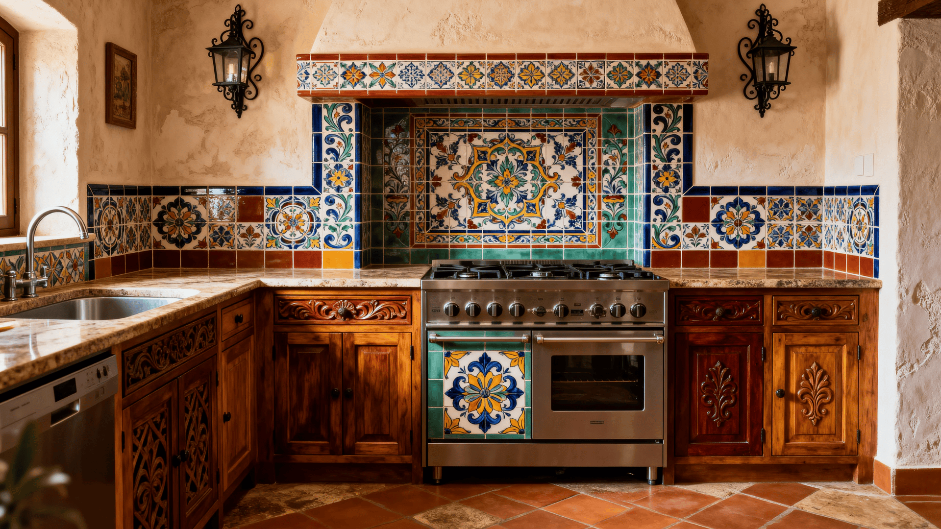 spanish style kitchens with decorative tile backsplashes