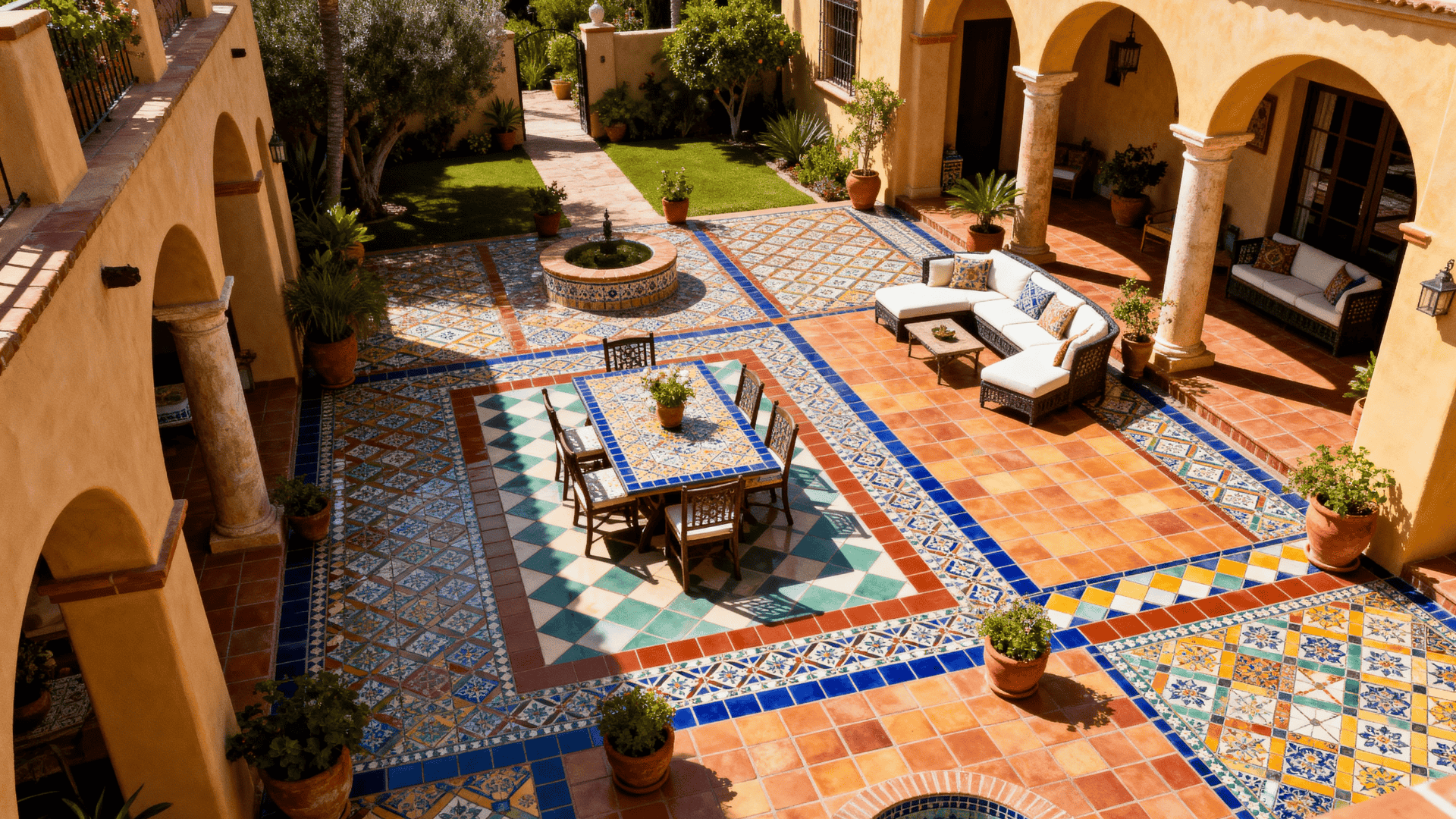 spanish style patios with patterned tile flooring