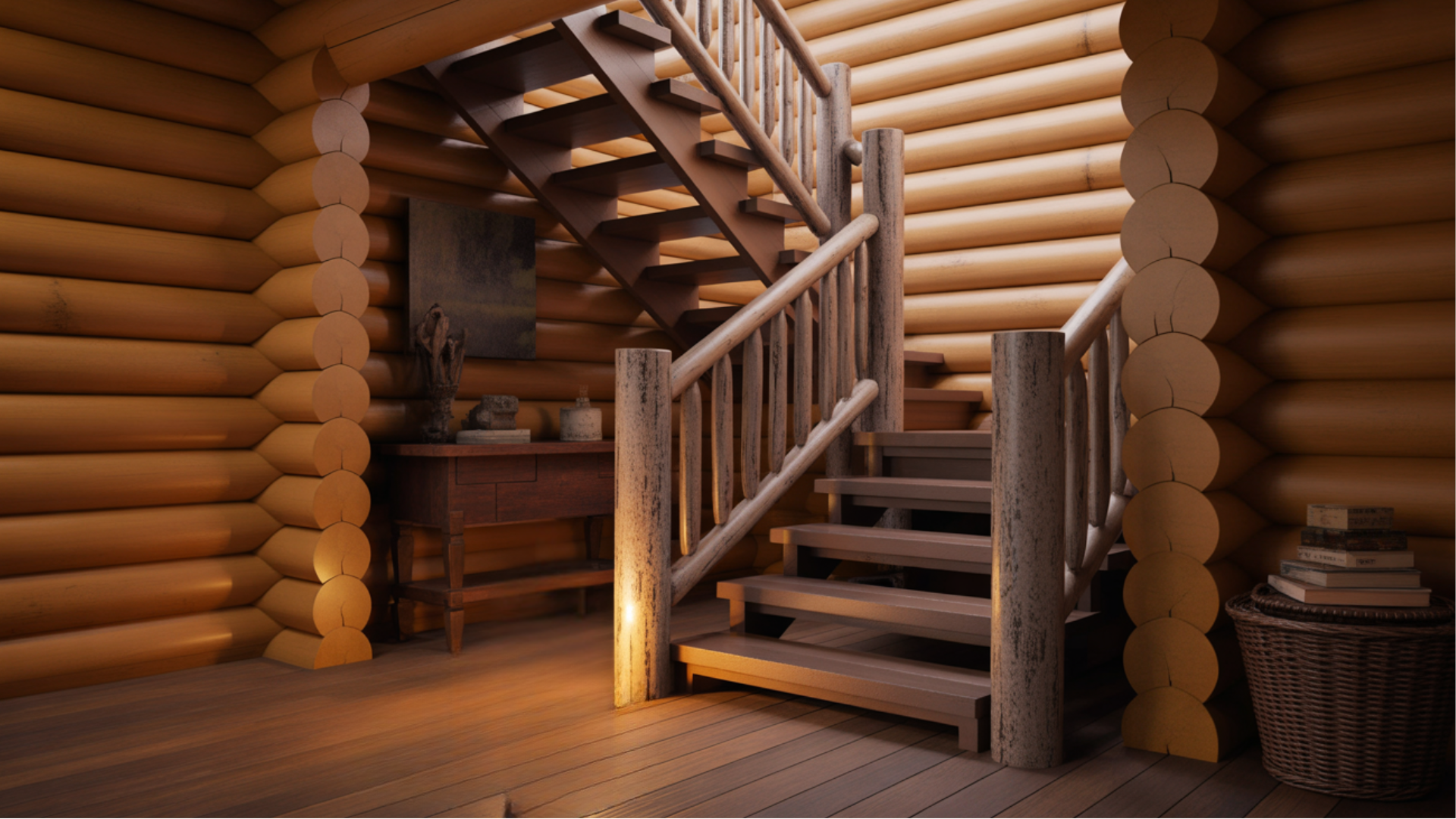 staircase with handcrafted log railings