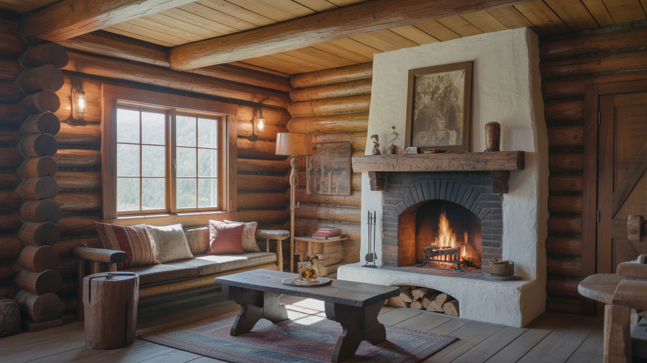 traditional hand hewn rustic log cabin interior