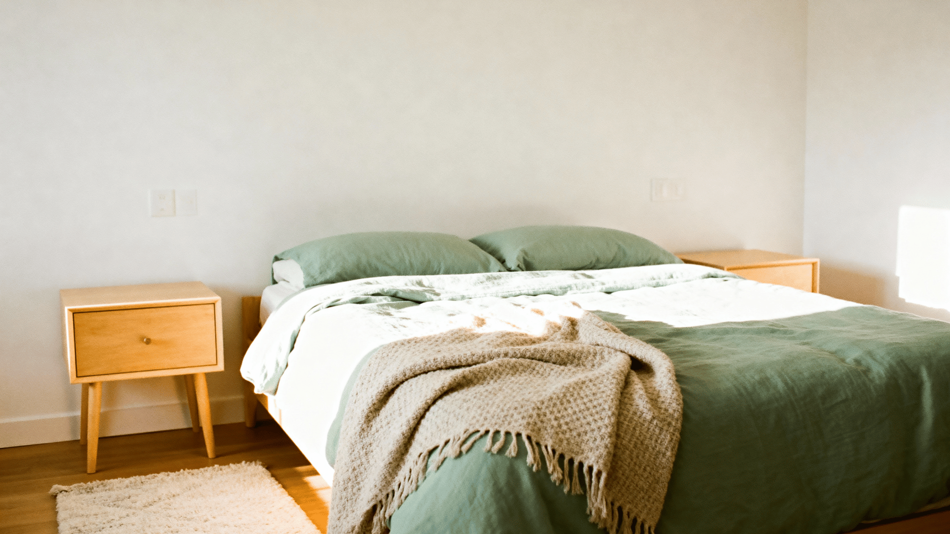 white walls with sage green bedding