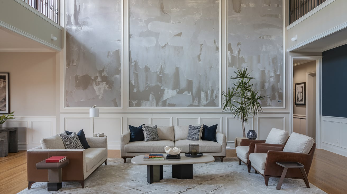 accent wall high ceiling living room wall decor ideas