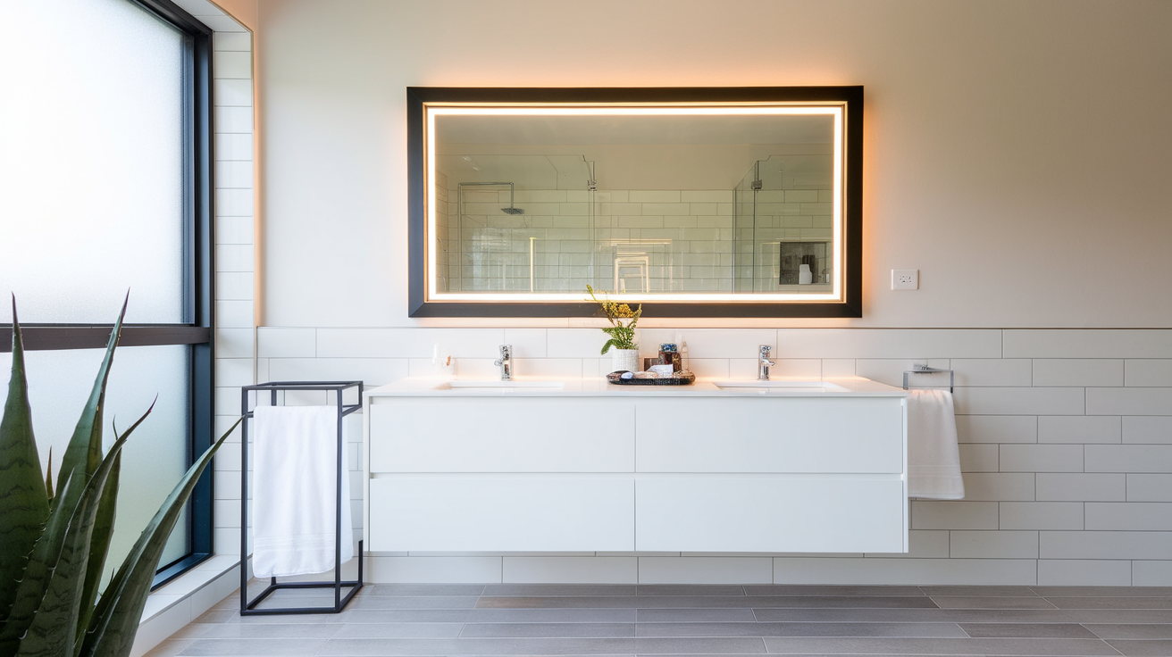 backlit mirror black frame black and white bathroom