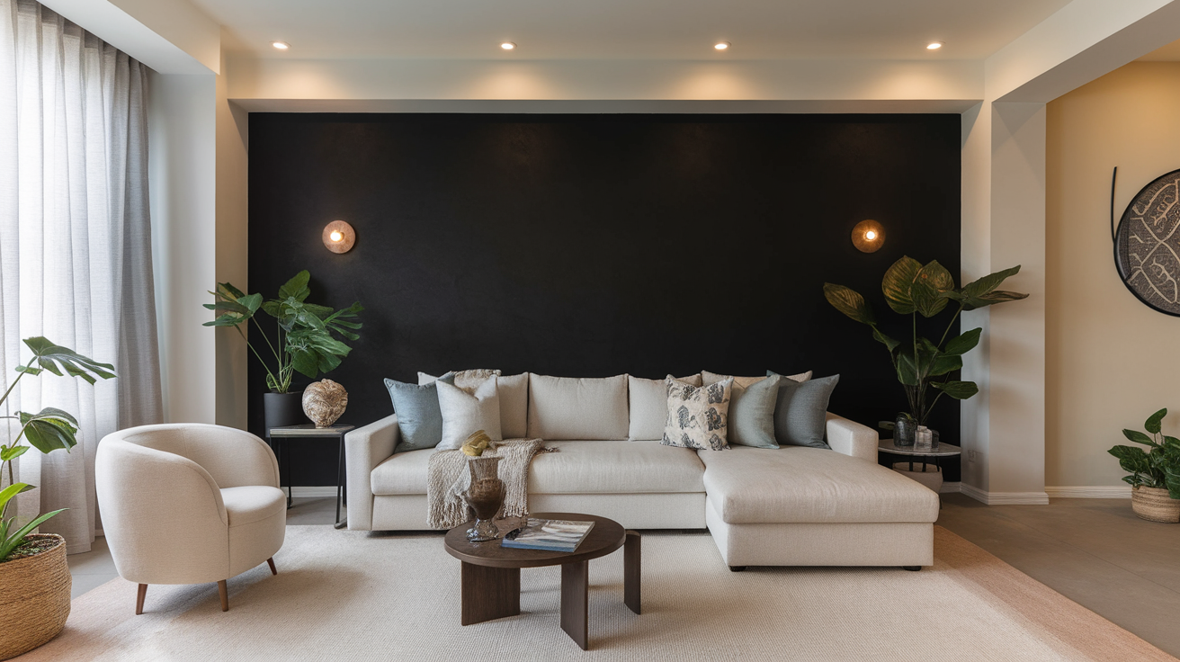 black accent wall living room black interior