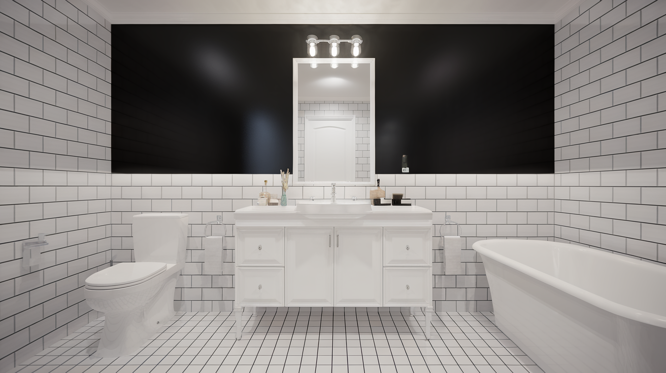 black accent wall vanity black and white bathroom