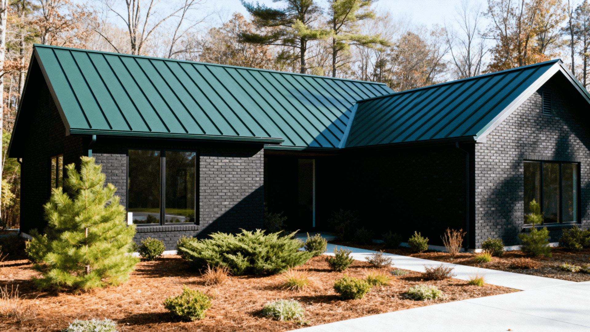 black brick with green roofing
