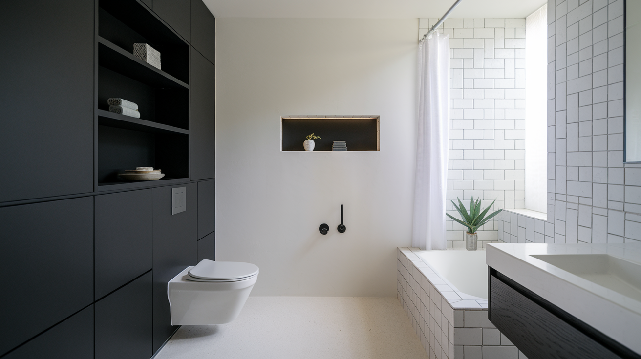 black built in shelves white bathroom black and white bathroom