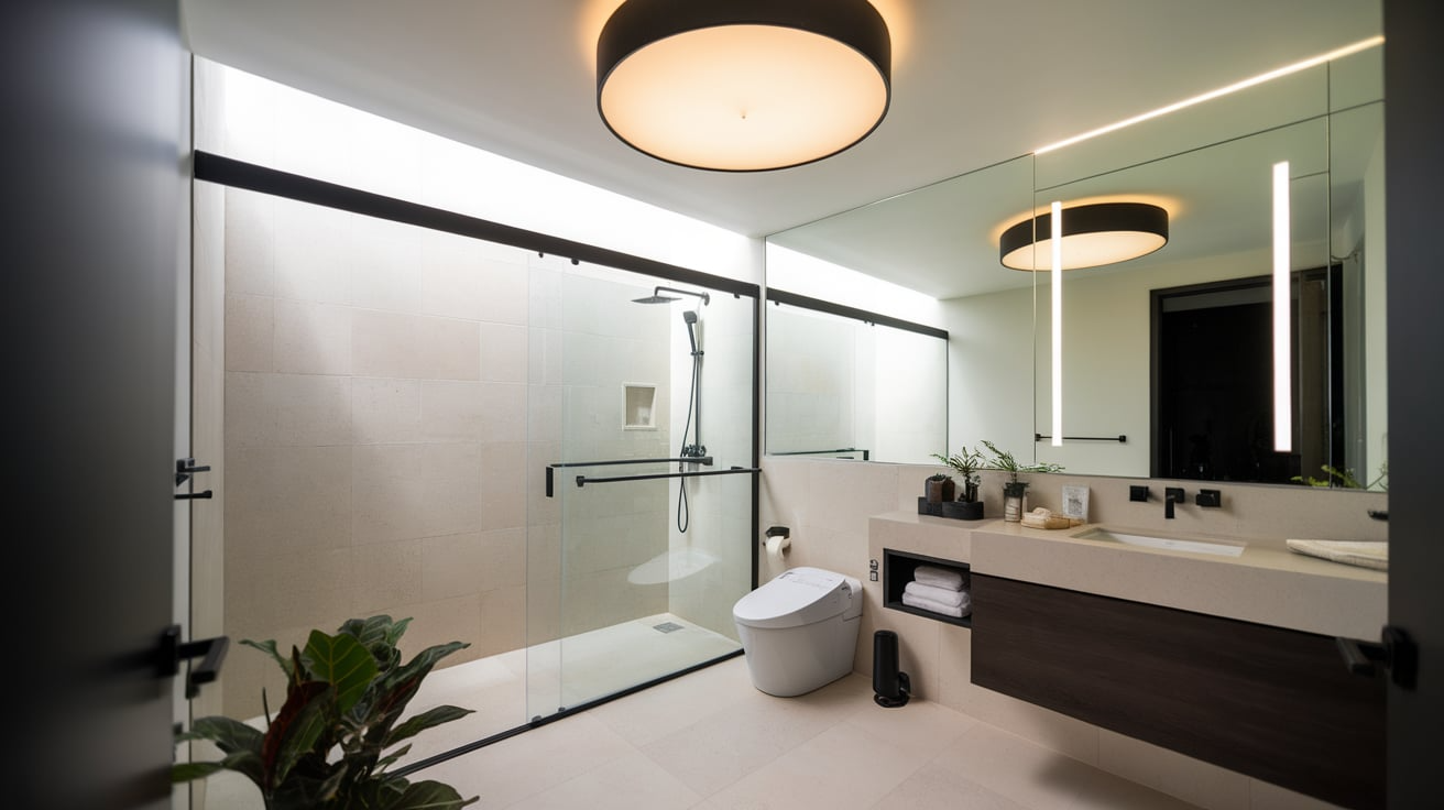 black ceiling light black and white bathroom