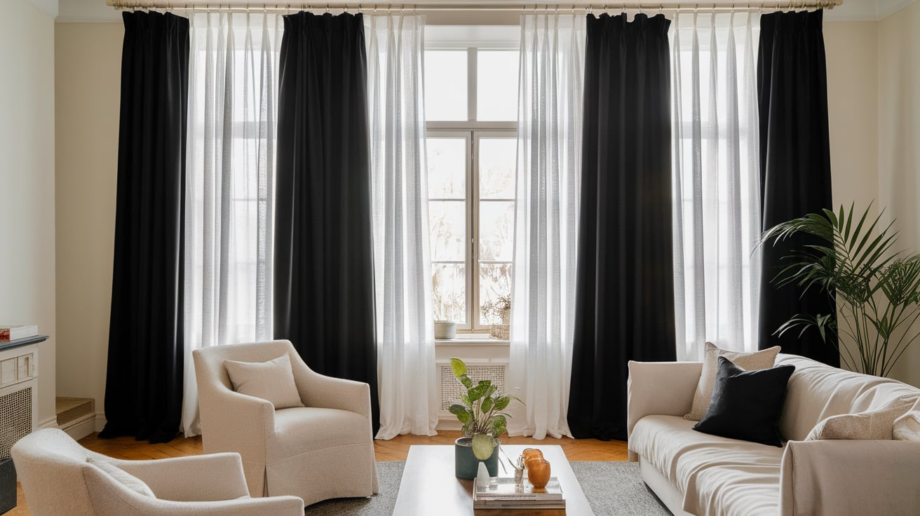 black curtains living room black interior