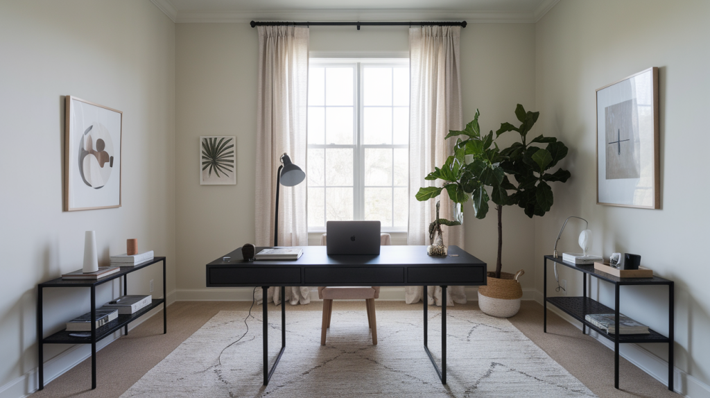 black desk home office black interior