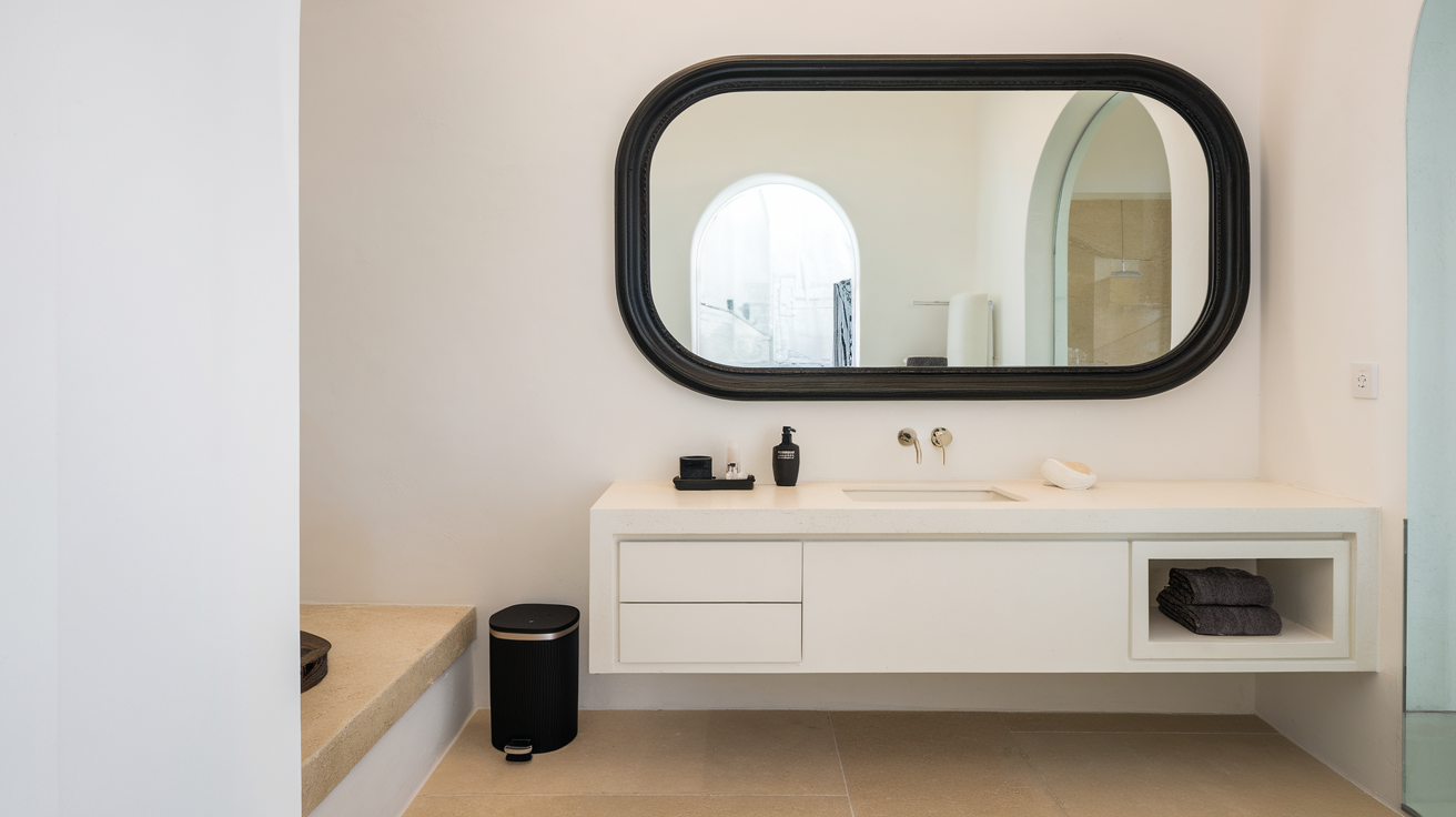 black framed mirror black and white bathroom