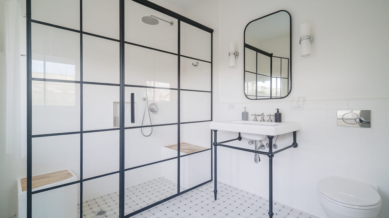 black framed shower door black and white bathroom