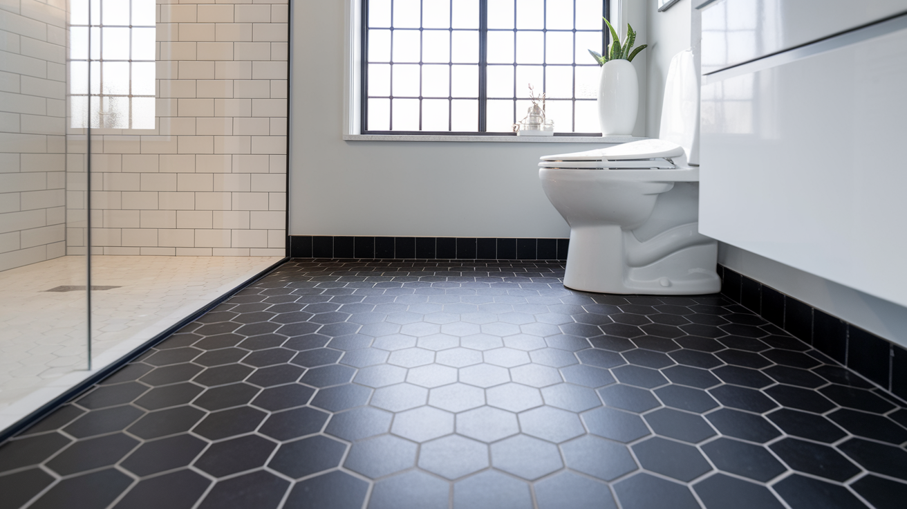 black hex tile floor black and white bathroom