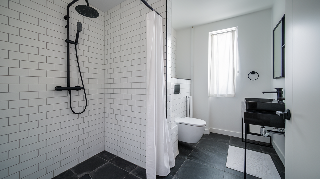 black shower fixtures black and white bathroom