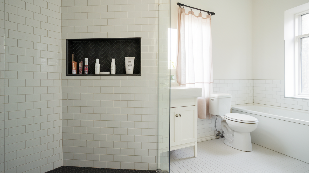 black shower niche white tiles black and white bathroom